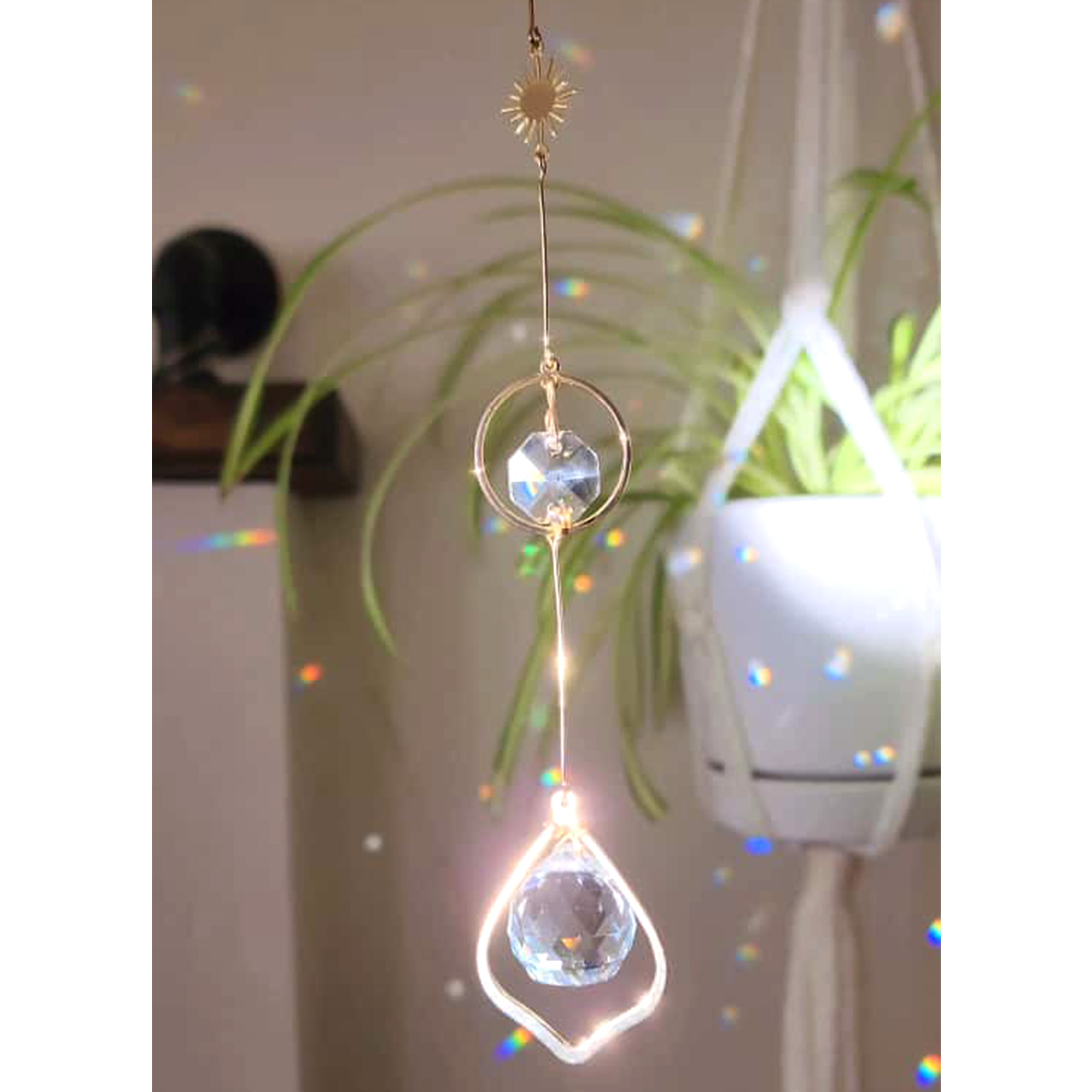 Handmade Crystal Suncatcher with Sun & Moon Charms | Boho Window Decor