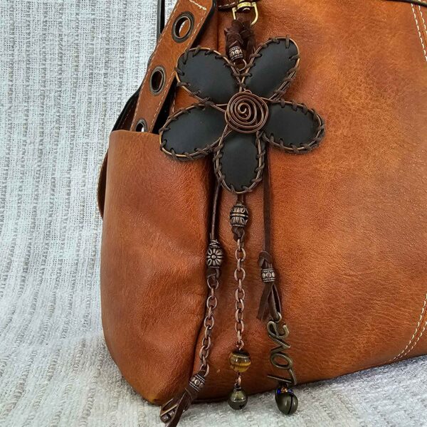 Handmade Leather Flower Handbag Charm – Boho Bag Accessory with Tiger Eye Gemstones