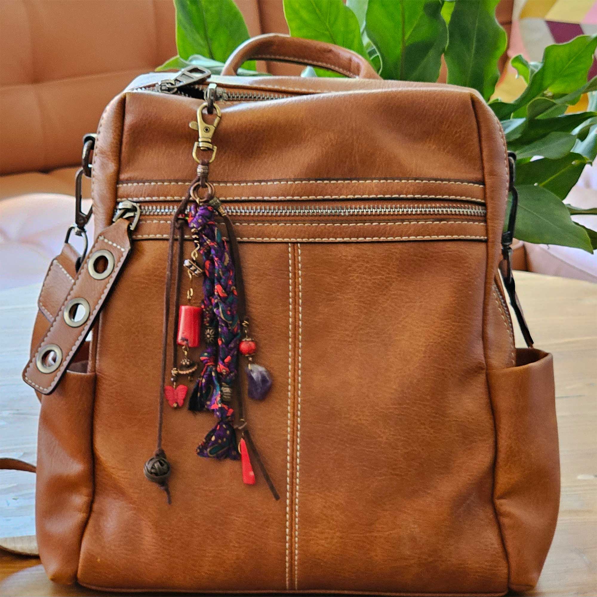 Boho Bag Charm with Amethyst & Coral