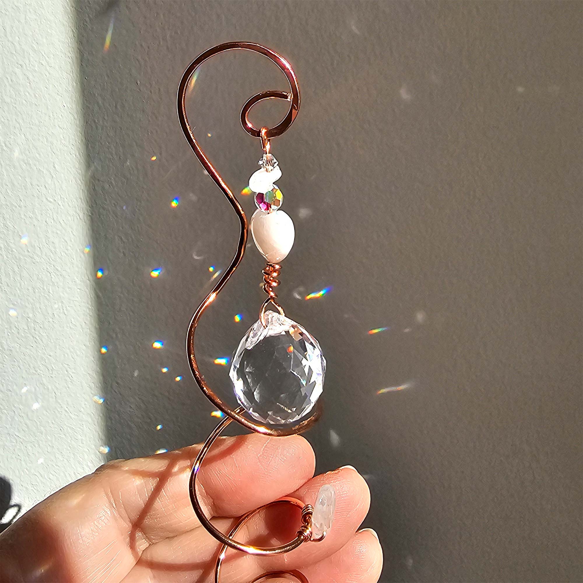 Copper Plant Stake with Crystal Suncatcher & Rose Quartz